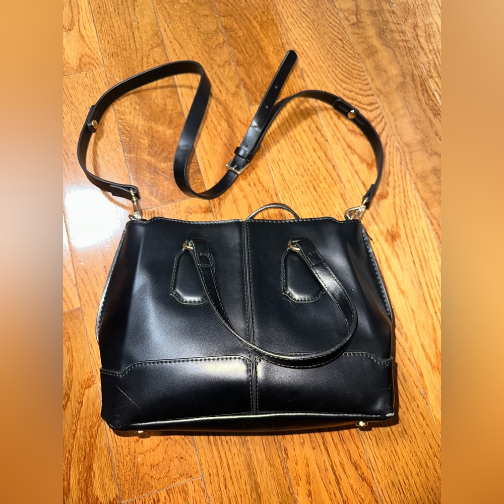Black Leather Handbag with Gold Accents From ZARA